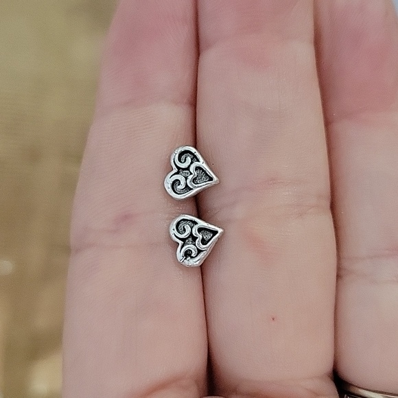 Sterling Silver Dainty Heart Stud Earrings, S925 - Picture 4 of 6